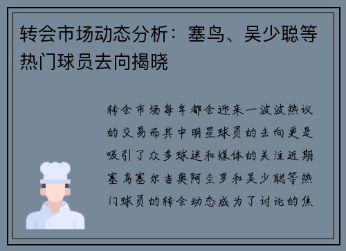 转会市场动态分析:塞鸟、吴少聪等热门球员去向揭晓 转会市场动态分析:塞鸟、吴少聪等热门球员去向揭晓